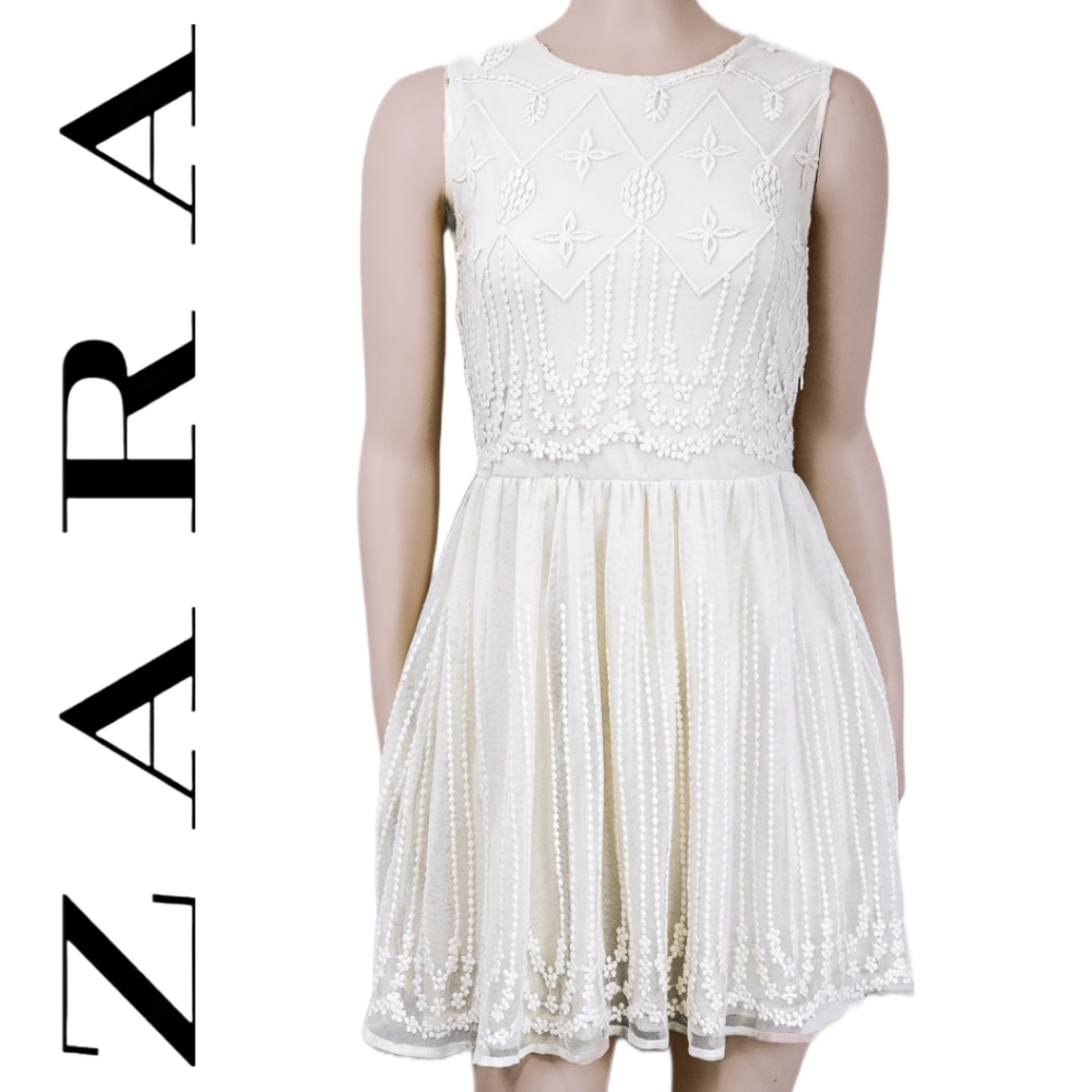 S/M ZARA Sheer Embroidered Tulle Cream Dress